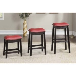 button-tufted wooden Burgundy stool set