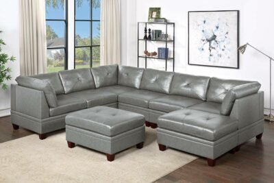 8 Pcs Grey Grain Leather Sectional