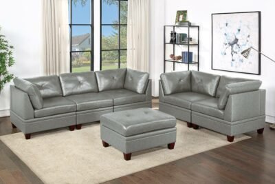 6 Pcs Grey Leather Sectional Sofa