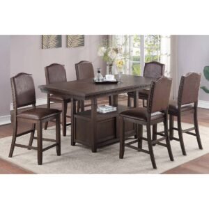 Dark Brown Pine Wood Counter Height Table Set