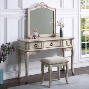 Elegant Antique White Vanity Set W/ Stool 