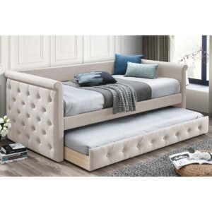 Light Brown Burlap Button Tufted Day bed With Slats Trundle