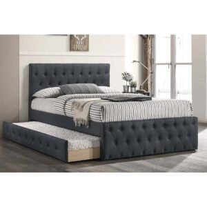 Charcoal Burlap Bed With Slats & Twin Trundle