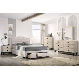 Light Brown Burplap Full Bed with Underbed Drawers