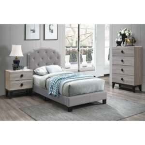 Light Grey Burlap Faux Leather Bed