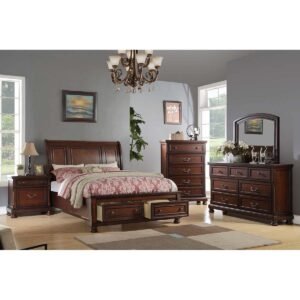 brown cherry finish wood curved back headboard sleigh bed set with Drawer