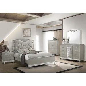 5Pc Platform Bed Set with Bun Feet and Upholstered Headboard