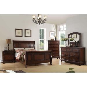 brown cherry finish wood curved back headboard sleigh bed