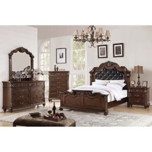 Dark Walnut Black Tufted Carved Bed