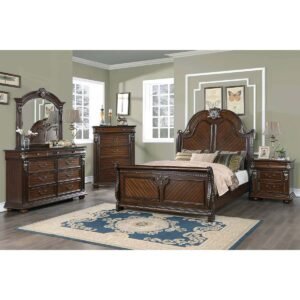 Traditional Luxurious Cherry Brown  Wood Bed Set