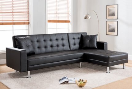 BLACK Tufted Faux Leather Sectional Sofa Bed