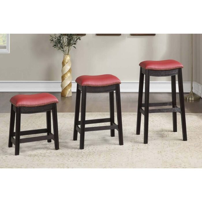 button-tufted wooden Burgundy stool set