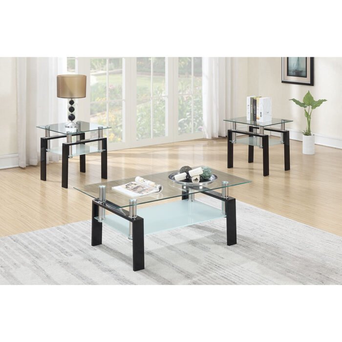 3 Pcs Coffee Table Set with Black & Metallic Transparent Glass