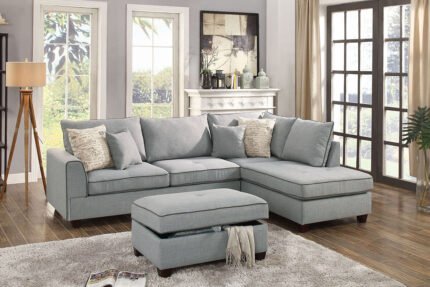 3 Pcs Light Grey Sectional w/Ottoman