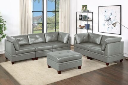 6 Pcs Grey Leather Sectional Sofa