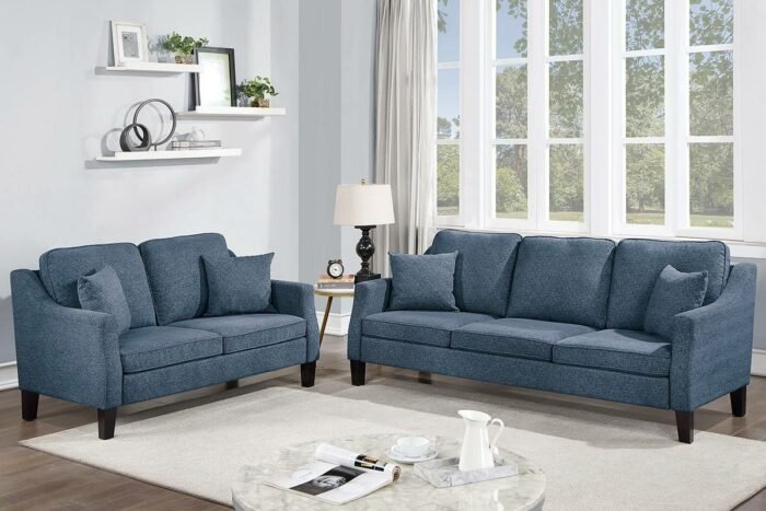 2 Pc Navy Blue Chenille Sofa Set