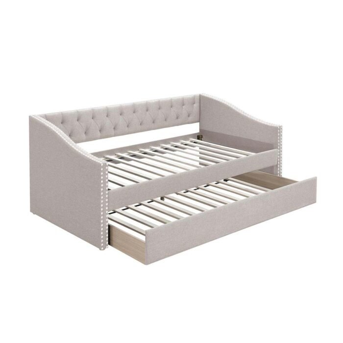 Light Brown Button Tufted Day bed With Slats Trundle