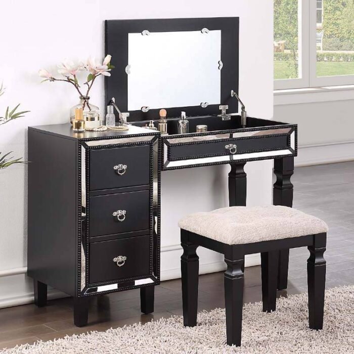 Black Spacious Vanity Set W/ Stool