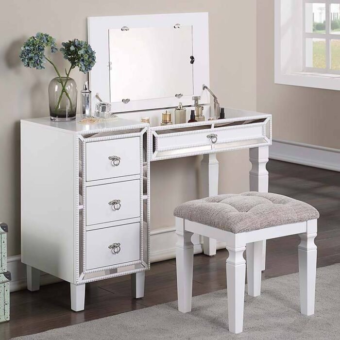 White Spacious Vanity Set W/ Stool