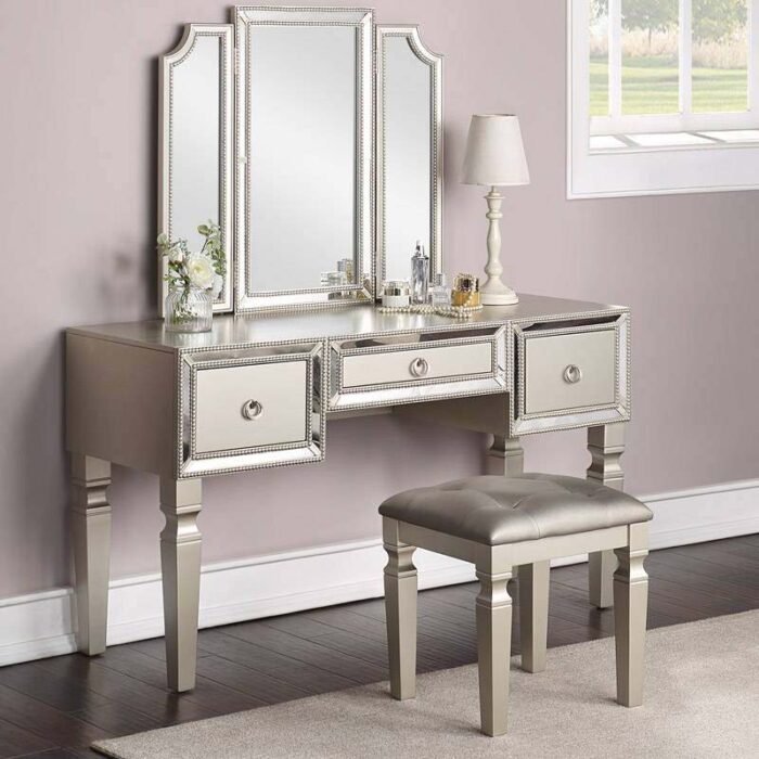 Silver Luxurious Vanity Set W/ Stool