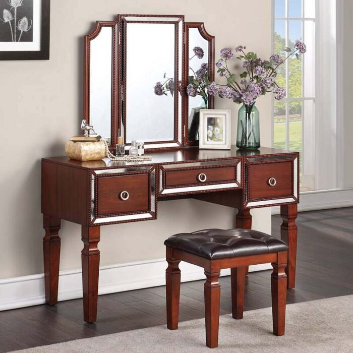 Cherry Luxurious Vanity Set W/ Stool