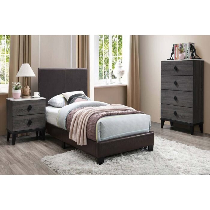 Brown Youth Faux Leather Queen Bed Set