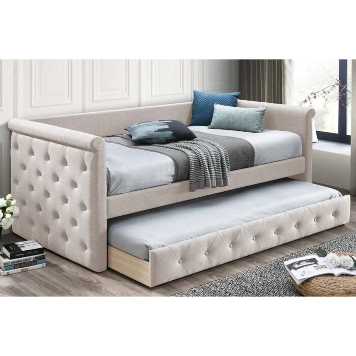 Light Brown Burlap Button Tufted Day bed With Slats Trundle