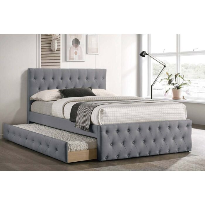 Light Grey Burlap Full Size Bed With Slats & Twin Trundle