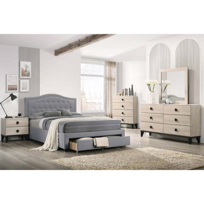 Light Grey Burplap Queen Bed with Underbed Drawers
