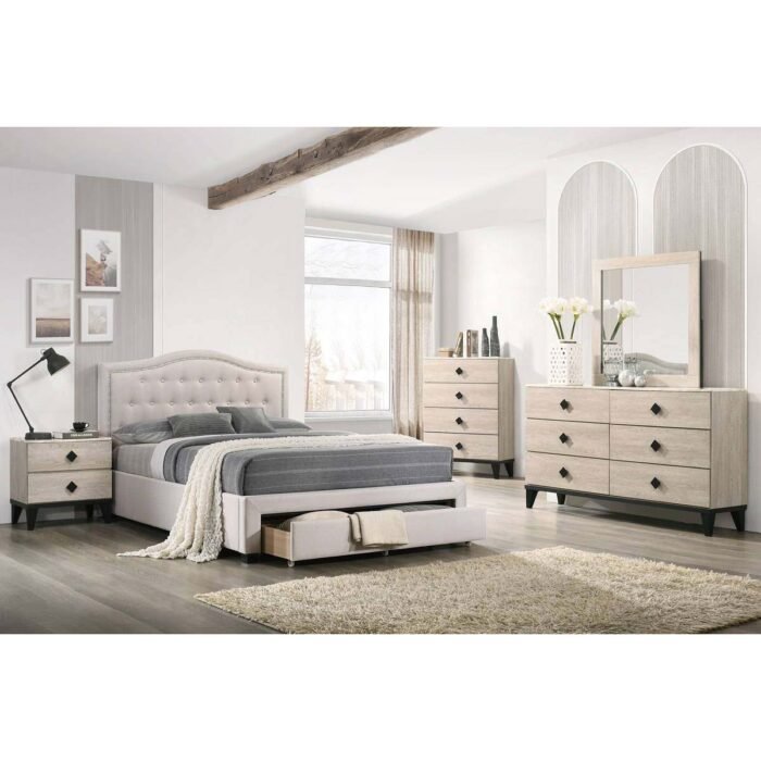 Light Brown Burplap Full Bed with Underbed Drawers