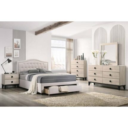 Light Brown Burplap Queen Bed with Underbed Drawers Set