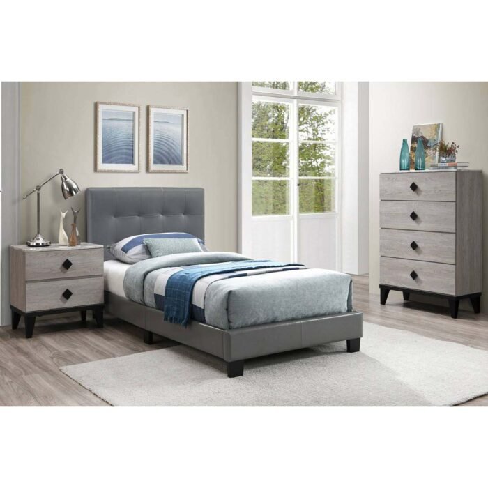 Grey Faux Leather Queen Bed Set