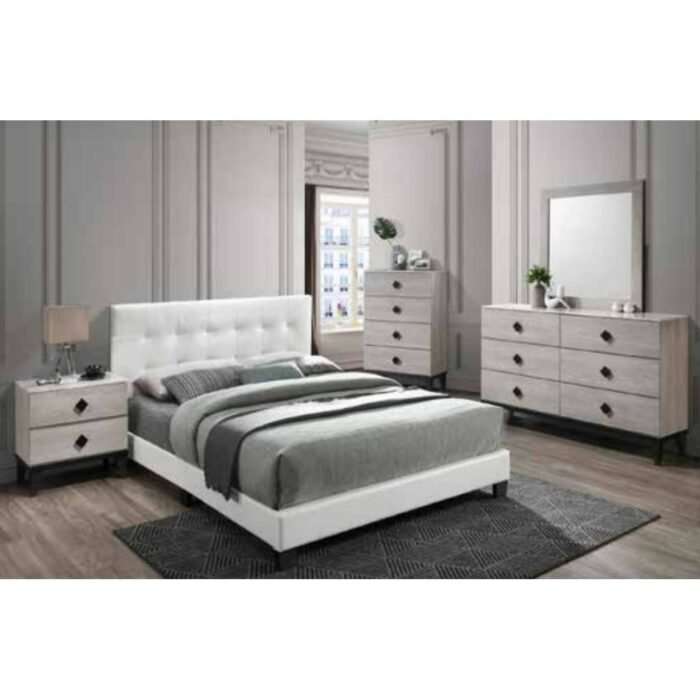 5Pc White Button Tufted Queen Bed Set
