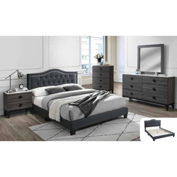5pc Charcoal Button Tufted Queen Bed Set