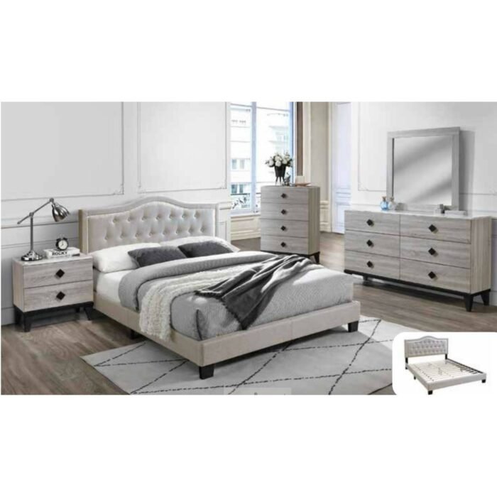 5pc Light Brown Button Tufted Queen Bed Set