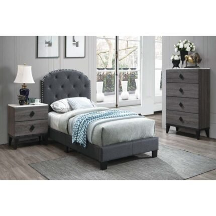 Charcoal Burlap Faux Leather Queen Bed