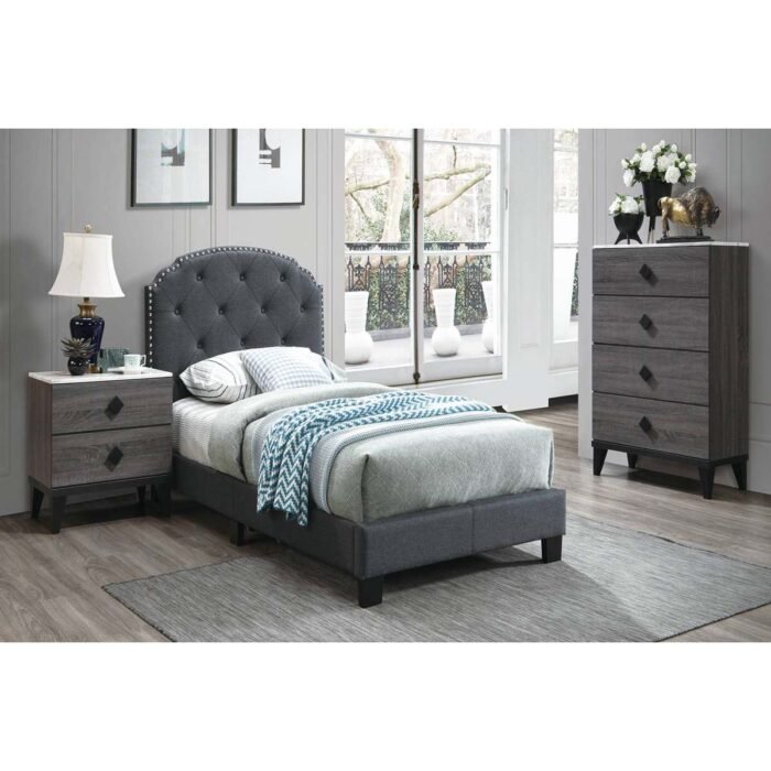 Charcoal Burlap Faux Leather Queen Bed Set