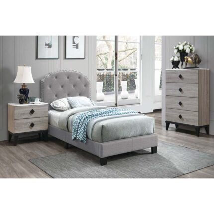 Light Grey Burlap Faux Leather Queen Bed