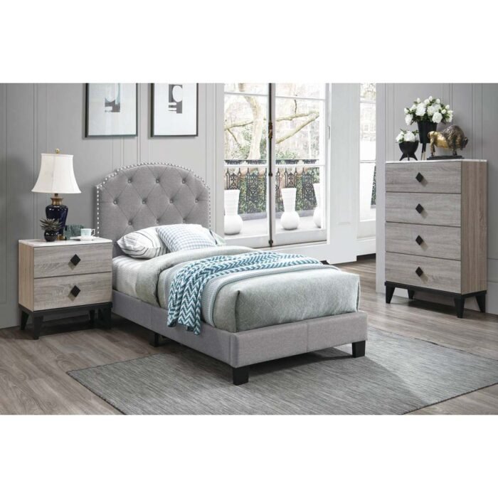 Light Grey Burlap Faux Leather Queen Bed