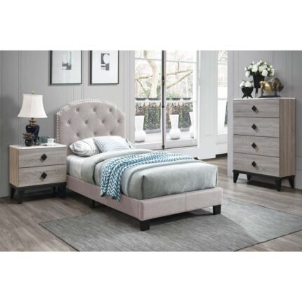 Light Brown Burlap Faux Leather Queen Bed
