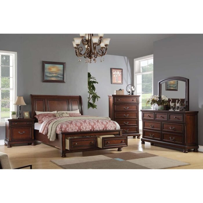 brown cherry finish wood curved back headboard sleigh bed set with Drawer