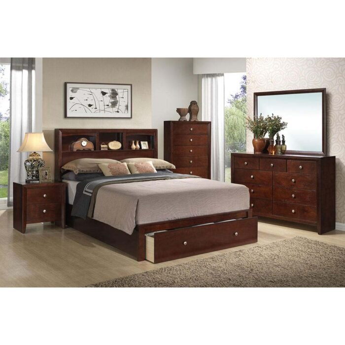 Cherry Finish Bookcase Bed Set with Storage