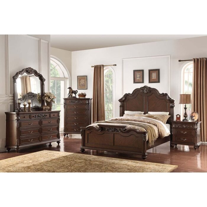 Dark Walnut Solid Pine & Plywood Carved Bed