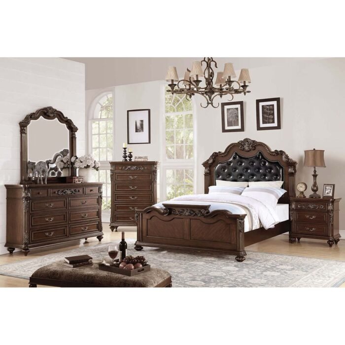 Dark Walnut Black Tufted Carved Bed