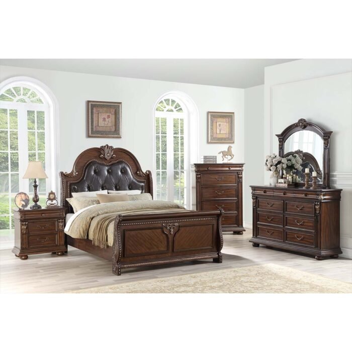 Traditional Luxurious Cherry Brown Wood with Paneled Headboard Bed Set