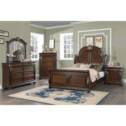 Traditional Luxurious Cherry Brown Wood Bed