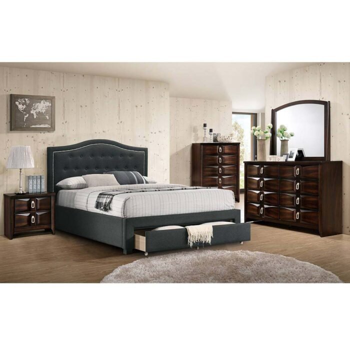 Charcoal Burlap Button Tufted Bed Set