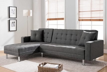 Gray Tufted Linen Fabric Reversible Sectional Sofa Bed