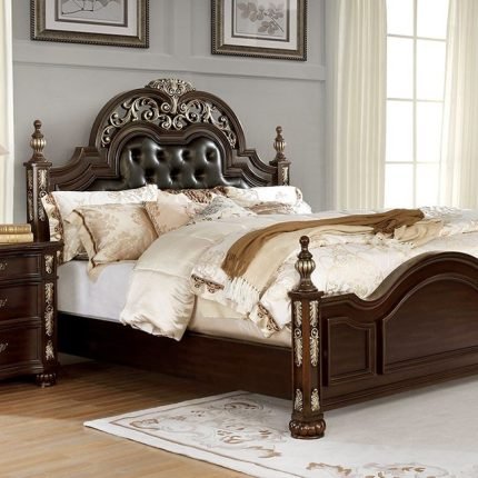 Traditional Brown Cherry And Espresso Queen Size Bed Frame With Button Tufted Padded Headboard