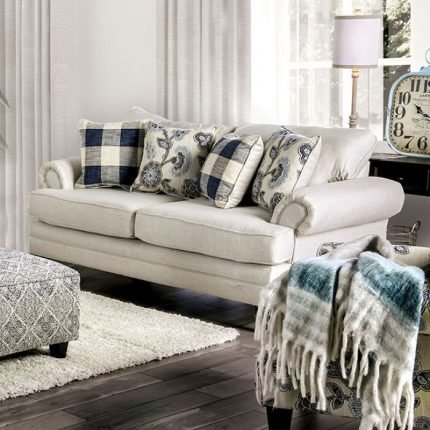 Transitional Ivory Linen-like Fabric Loveseat Sofa